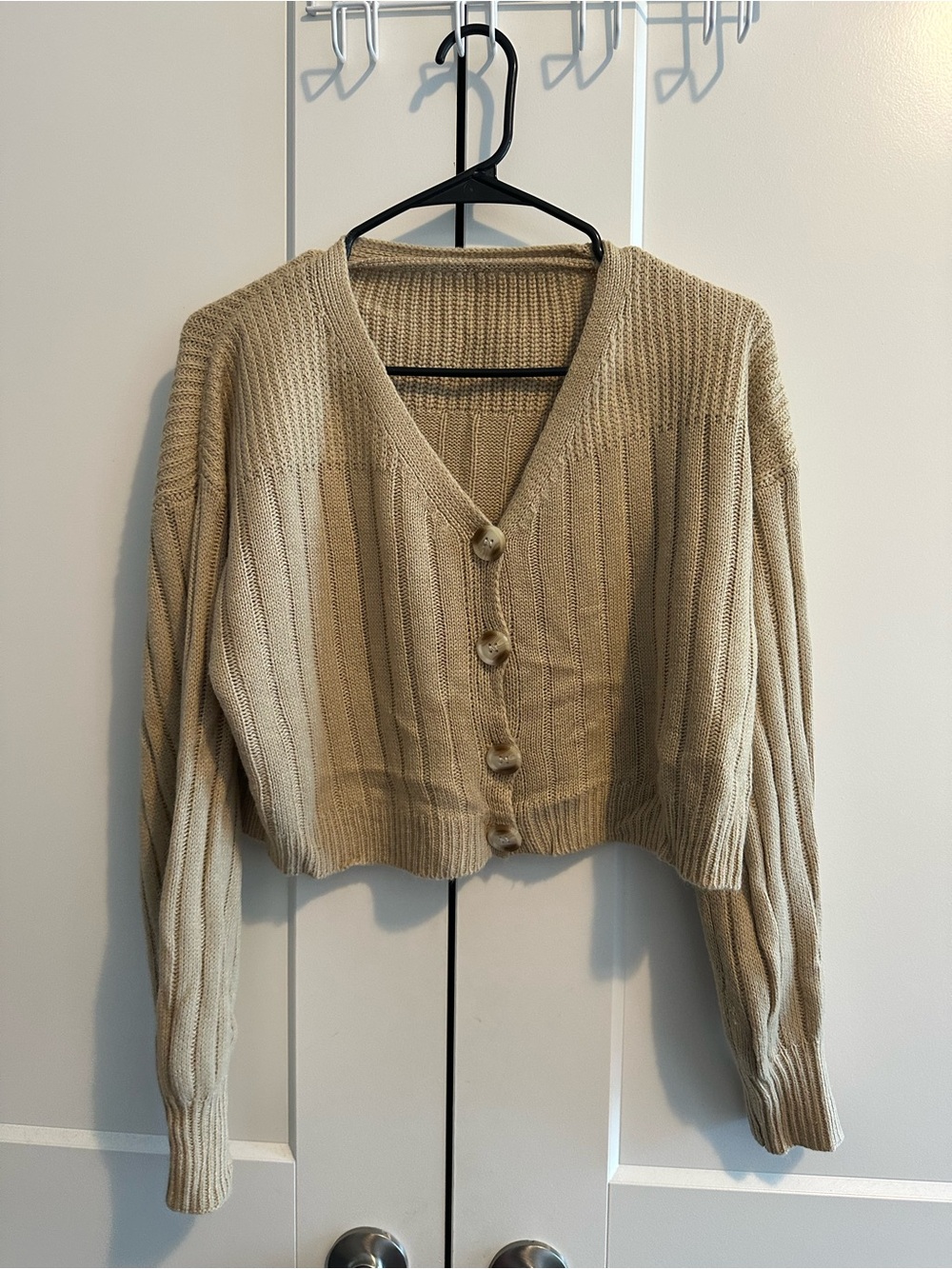 Beige V-Neck Button Front Women's Sweater Cardigan